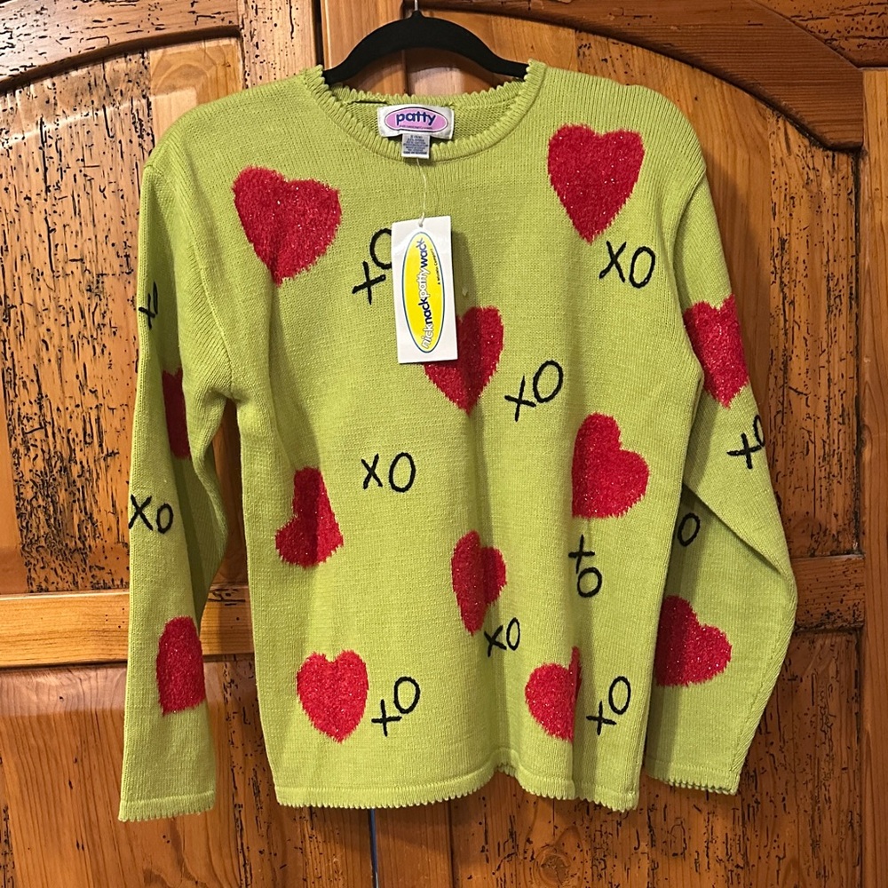 Patty lime Green Sweater with Red Hearts and XO VALENTINE DAY CELEBRATION